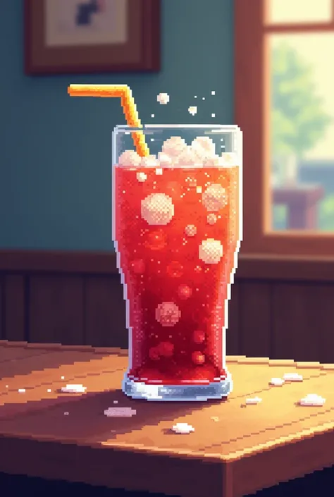 Soda, pixel art 128x128 resolution, in a Restaurant table.