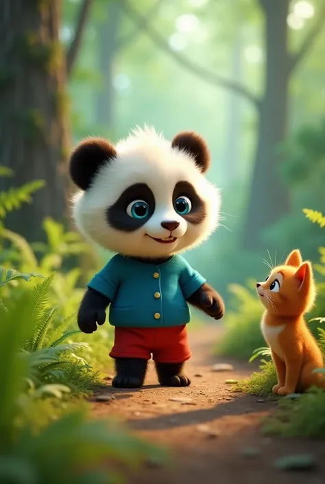 A cute baby panda with a large fluffy mane, big blue eyes, blue shirt, and red shorts, noticing a small, playful cat approaching him in the forest, Pixar cartoon style."