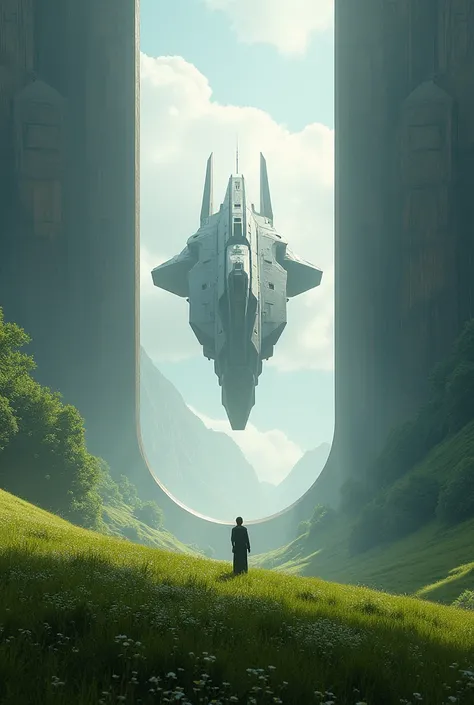 Generate for me the image of a portal opening on a meadow ,  from this portal comes out a large ship with a minimalist design,  realistic 