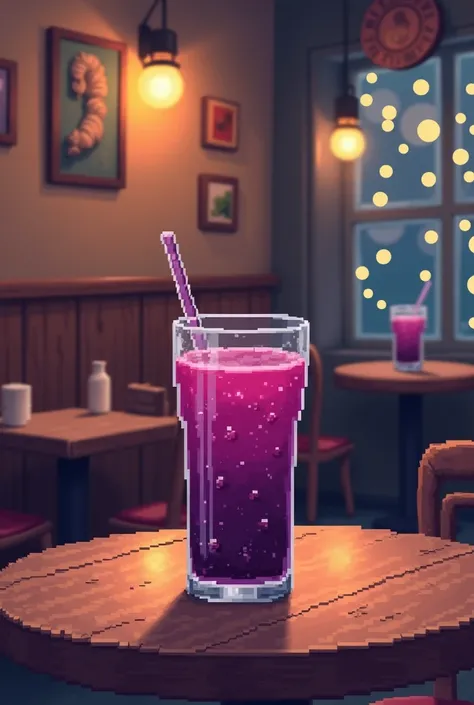 Grape juice, pixel art 128x128 resolution, in a Restaurant table.