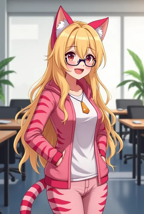 “A character of a woman with pink tiger-striped fur standing in an office setting, smiling warmly. She has cat ears, glasses, and long blonde hair, exuding a casual and approachable vibe while engaged in conversation. Ensure the full body is visible, with ...