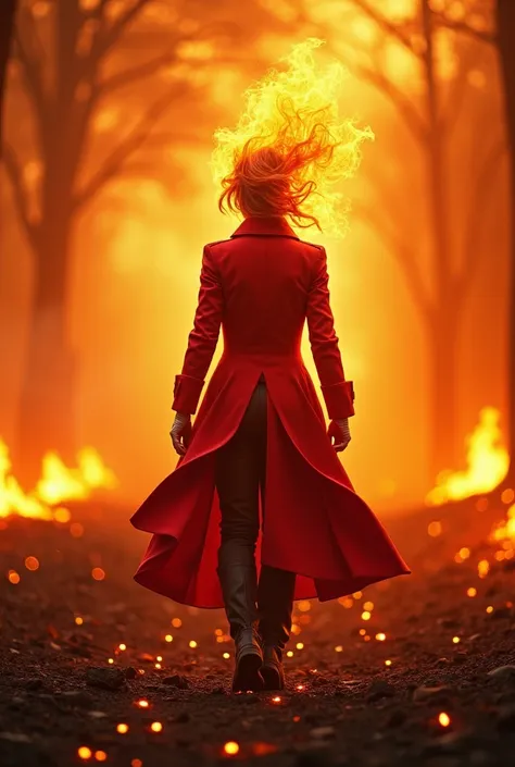  a red jacket with the flame of fire visible on the back floating .  Her posture is challenging , with arms crossed or on hips .
bottom: A burning landscape ,  like a burning forest or a path surrounded by embers .
