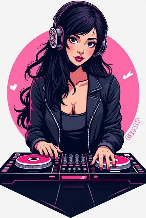  Generate a logo for a YouTube playlist with a girl with black hair,  big breasts in headphones on her head , who is a dj behind the console . 