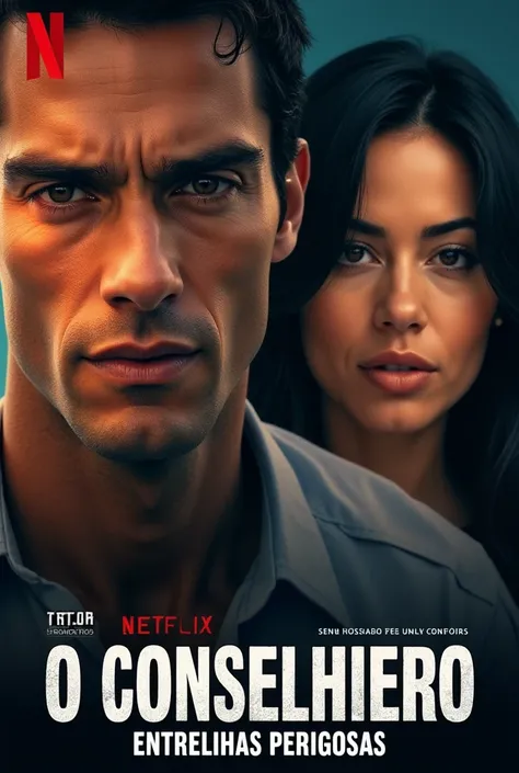 a Netflix-style film cover written "o conselheiro entrelinhas perigosas" on the cover appears a man, He is a white man with sun-tanned skin, black hair, light brown eyes, with a muscular body as close to normal as possible, but He is muscular because he ex...