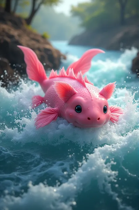 Pink axolotl swimming across the river with strong currents