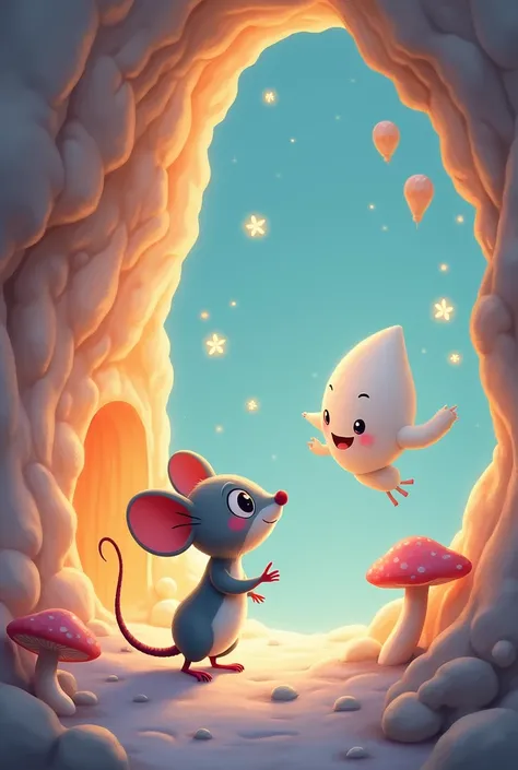 Generate an image of the following text .  The mouse should be gray with a non-realistic drawing style for ren and pretty with pastel colors
 
One day,  while exploring a new corner of the forest, ,  she found a bright cave . Upon entering, shout:
-Hello! ...