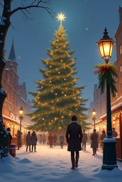 New Years square, a large Christmas tree in the middle, garlands hanging, ren walking, it snows at night,