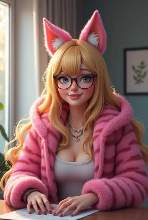  8k octane , Reality,  textured skin,  fluffy coat、 female character wearing pink tiger print fur showing a smile in the office at work。Cat ears、Glasses、Long blond hair is characteristic and 、 depicts conversation in a casual atmosphere 。 whole body is ref...