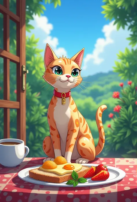  Scottish cat folded,    have breakfast  , tropical garden, House in the distance . blue sky., Anime style