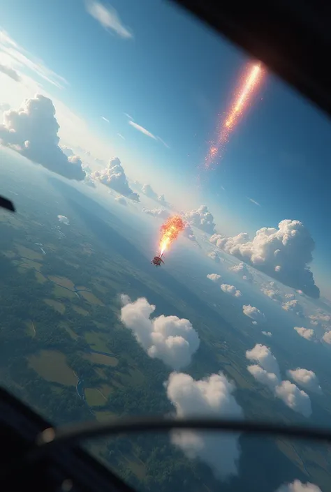 A view from inside a helicopter of the landscape ,  clouds in the sky and a meteorite falling to the ground