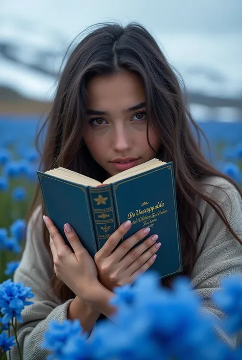 crea un immagine dove sia in primo piano una ragazzα con caretteristiche tipiche Mediterranee , dai capelli castano scuro lunghi e occhi color cioccolato, che abbraccia un libro intitolato be unstoppable e sullo sfondo un campo di fiori blu e neve