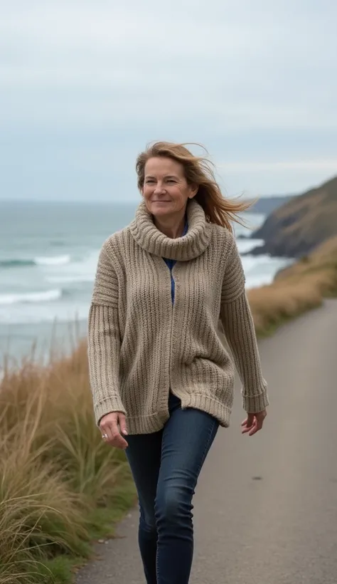 A 36-year-old woman walking on a windy seaside path, dressed in a knitted sweater.