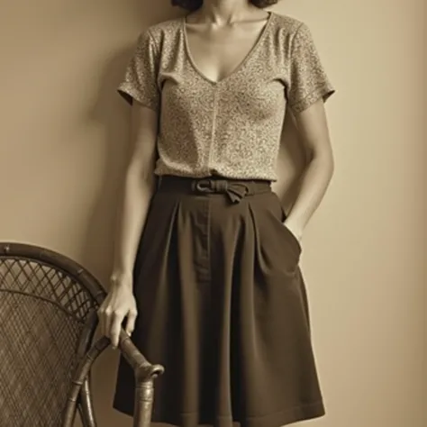 The image is a vintage sepia-colored photo of a person standing next to a wicker chair. The person is wearing a patterned short-sleeved top tucked into a dark knee-length skirt with a belt that accentuates the waist.