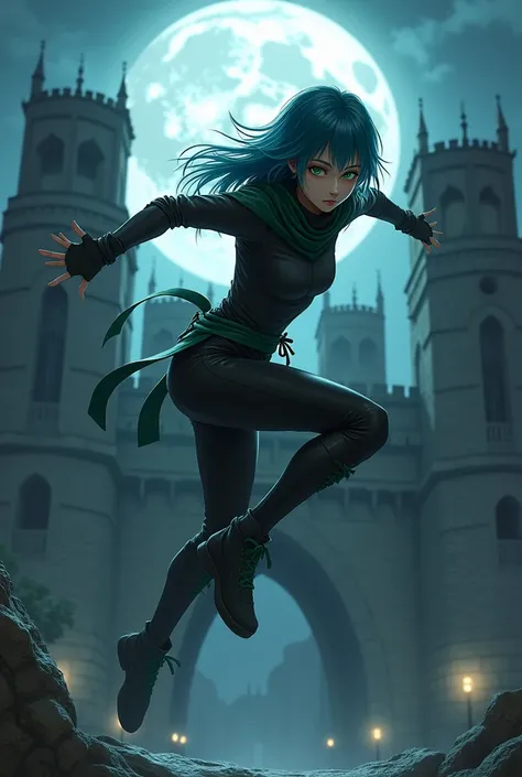 Ninja Girl, green eyes, blue hair, japanese face, skinny body, clothes black with green details, jumping in front of Medieval Castle, Night, Fullmoon. 