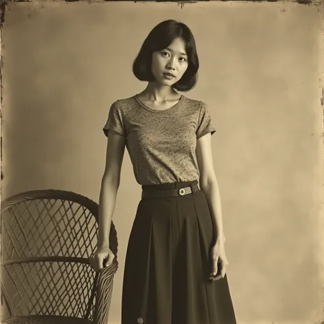 The image is a vintage sepia-colored photo of a young Taiwanese woman standing next to a rattan chair. She is wearing a patterned short-sleeved top tucked into a dark knee-length skirt with a belt that accentuates her waist.