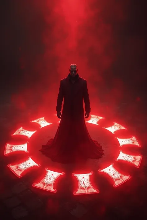  The figure of Reddish is standing in the center of a circle formed by poker cards,  some of them with symbols shining brightly .  The circle symbolizes his absolute control and his strategic nature .

bottom: A dark background ,  with a red glow coming fr...