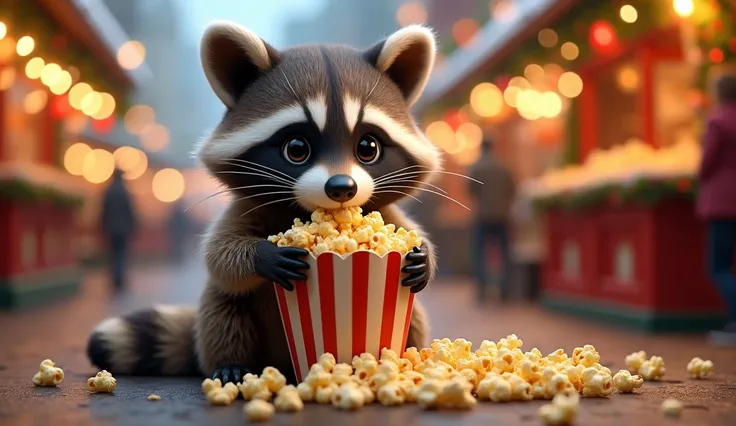 close up shot of a raccoon eating a bag of popcorn in a christmas market. as he eats, the popcorn crumbs go everywhere. photorealistic.