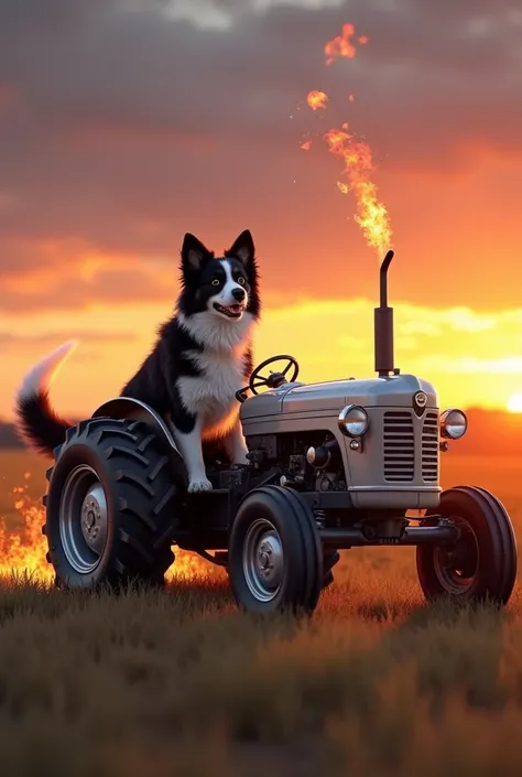 Black-white dog, mix of epanelbreton and australian sheppard drives a silver tractor with flames from the exhaust, on a clear sky sunset time