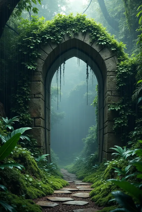 Ancient stone archway in a lush jungle covered in green vines and moss at rainy day with dark weather