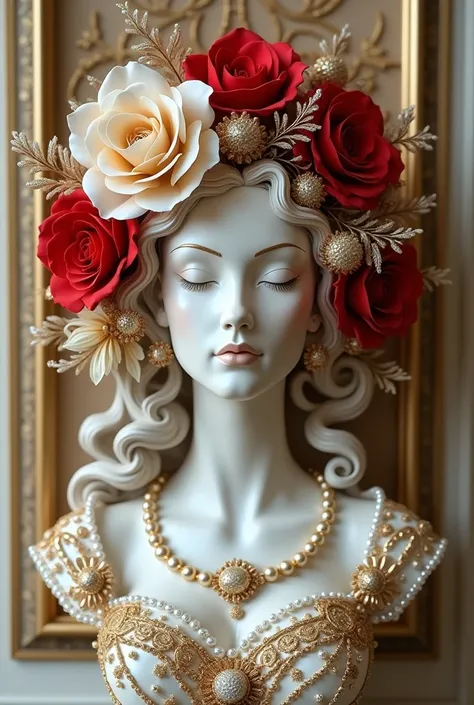 Une élégante sculpture représentant une femme avec un visage de reine, ornée de roses rouges et de fleurs blanches, qui forment Rosita comme prenom entourée de détails dorés et de perles brillantes, dans un style artistique raffiné et décoratif. Fond intér...