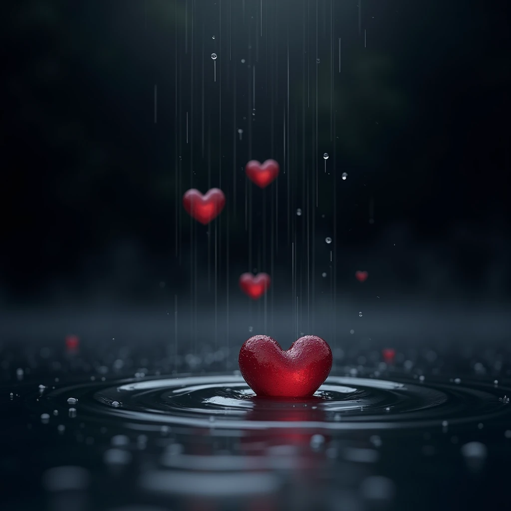 lake with heart-shaped drops, rain,  black background