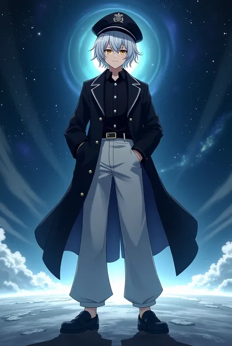 highly detailed, anime male character, wearing a black sailor hat, short white hair, yellow eyes, fair skin, smiling, black shirt, black coat, long white pants, black shoes, 1.80m tall, standing in outer space background, cool and confident expression, cin...