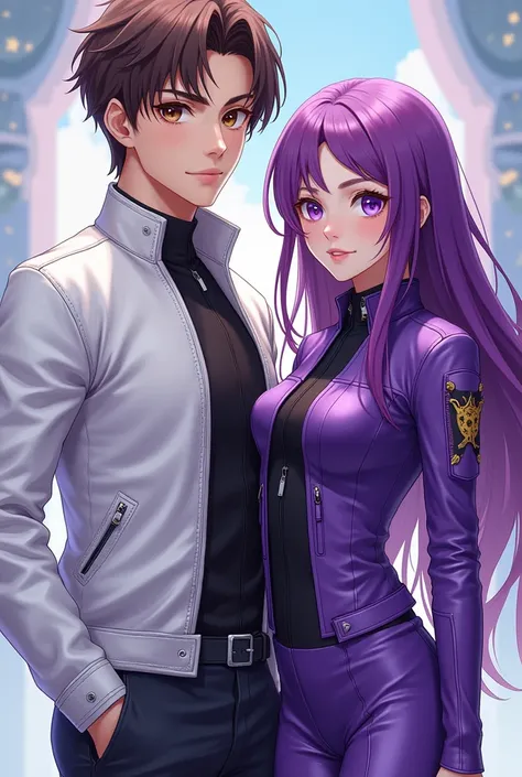  Man with short brown hair,  brown eyes, white leather clothing, together with his long-haired wife Lila,purple eyes, purple leather clothing , anime 