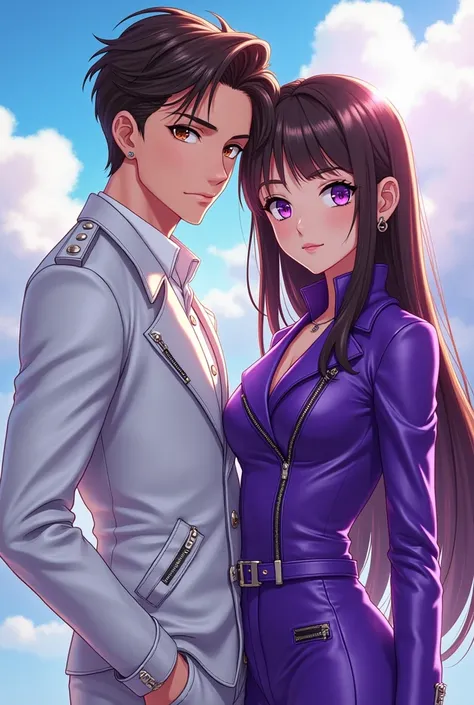  Man with short brown hair,  brown eyes, white leather clothing, together with his long-haired wife Lila,purple eyes, purple leather clothing , anime 