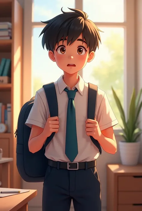 Julius in his school uniform,  getting ready for school .