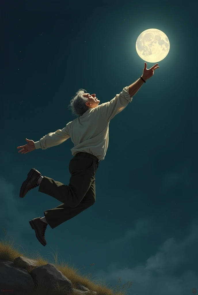  Man running to the moon jumping trying to reach the.  But the moon moves away quickly .  52-year-old man of 162 . Little little gray hair that looks gentle, not so strong.. Not so thin not fat 