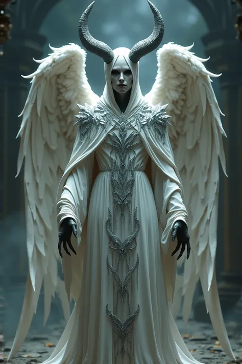  I need to create an image that shows a human dressed as the angel turned into the demon Asmodeus, That his costume is white but with gray decorations 