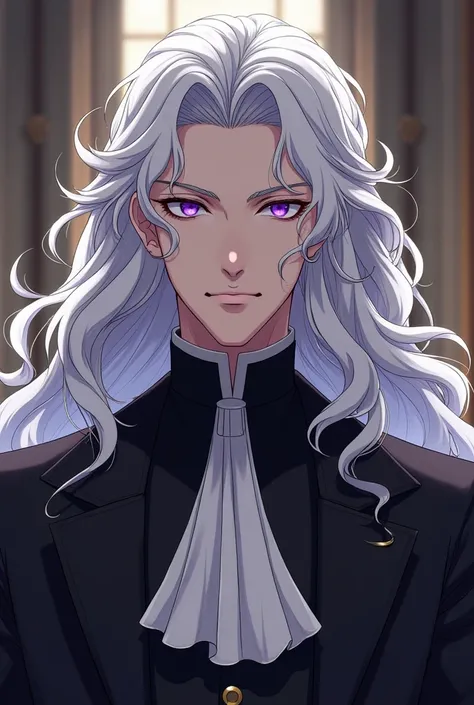  White guy with white curly curly curls long to the chest and purple eyes in full face in a church uniform. Looks like a griffith.  The man is cunning and charming semi-anime and semi-realism. The man with long curls . Sly ,  masculine features , nerve, ar...