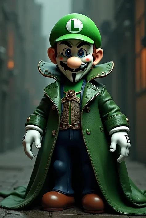 Luigi wearing the green cap from super mario brothers and the outfit and mask worn buy guy fawkes from V is for Vendetta. The cape is highly detailed and flowing in the wind. The outfit is intricate and meticously detailed. The mask is a perfect recreation...