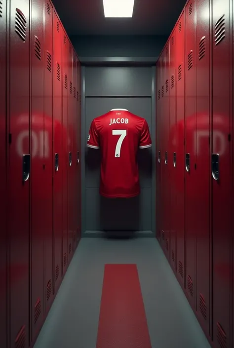  A Liverpool locker room with a highlighted uniform, Red number 7 Jacobs name in the closet 