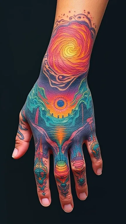 Colored parallel universe tattoo design on hand 