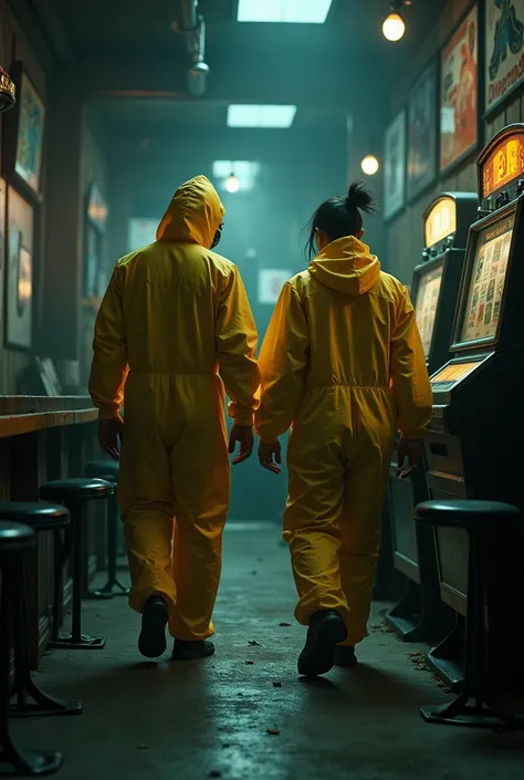 A 24 year-old blond man and a 24 year-old dark-haired man with his long hair in a bun. They both wear hazmat suits. They are in a dark pub with carpet on the floor and they walk past 2 slot machines 