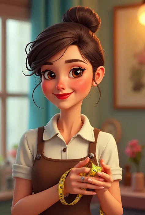 Disney Pixar style
A 40-year-old woman,  short hair,  her hair is tied, And shes a brunette ,  brown eyes, Red lips. 
 Shes a seamstress and she has her red measuring tape .
