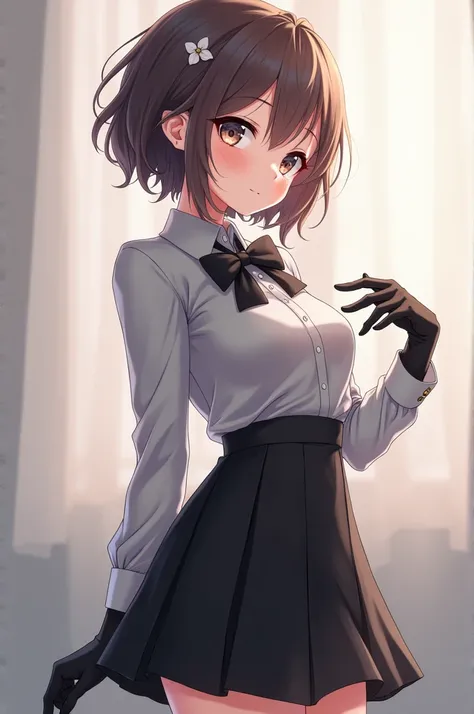  anime girl ,Black skirt,Gray blouse,and black glove 