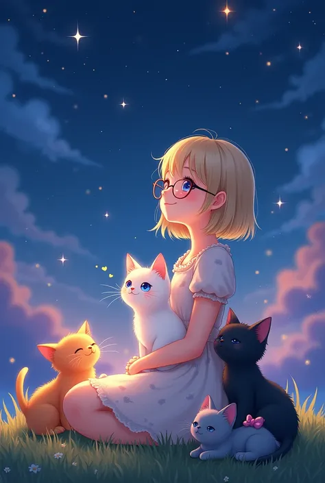 A magical night scene featuring an adorable  blonde girl with straight hair and glasses, sitting on a grassy hill under a stunning sky filled with sparkling stars. The cosmic display features vibrant colors of deep blue, purple, and pink, with constellatio...