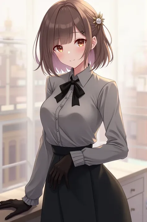  anime girl ,Black skirt,Gray blouse,and black glove 