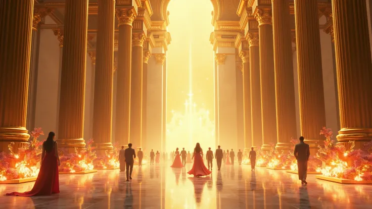 a place with shining gold pillars with shining floor with people walking with shining flowers