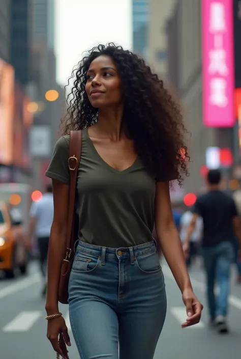 photo de la foule à times square, focus sur une femme 25 ans , métisse, peau foncée, avec des cheveux wavy longs , style réaliste, poitrine généreuse tee shirt décolleté  , traverse une route à New York , sur un passage piéton, la photo est prise de coté, ...