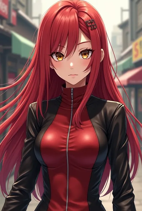  Girl with long red hair, red and black leather clothing , light brown eyes,  anime style Naruto  