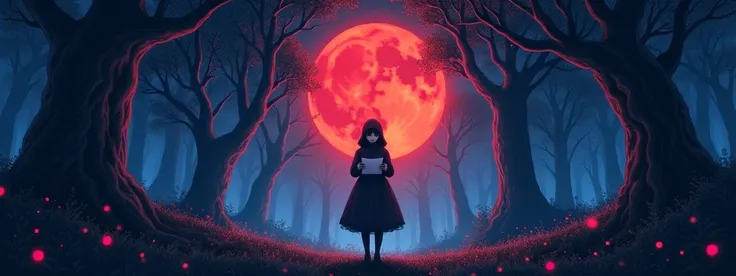 hand drawn illustration of a person holding a letter performing a ritual in the middle of the forest at night with a red moon,  conceptual art,under the，  anime style  ，Dreamland Wonderland、Fantasy，    masterpiece  ，HD，colorful， detailed details 