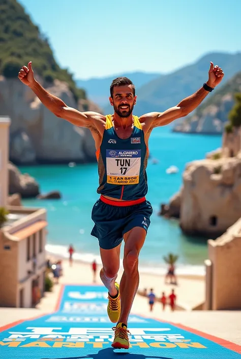 Create me a PRIZE VOUCHER for the first classified of the COMPANY SAMPLE of the ASD ALGHERO MARATHON, with some image inherent to the race and Sardinia