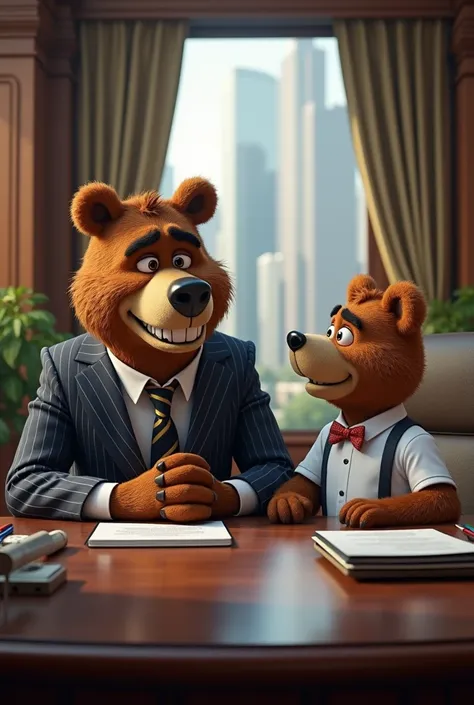 Ultra realistic, UHD, Yogi the bear, if he had to be a professional, and work in an office, across the desk from his sidekick Boo Boo