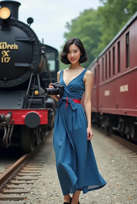  an 18-year-old woman  , Japanese-Brazilian,  very short hair  , water blue eyes , smile,  black hair, natural beauty ,  at a train station in Maria Fumaça black locomotive with a doctorate from the year 1888 and red wagons with golden ardoons of "Northwes...