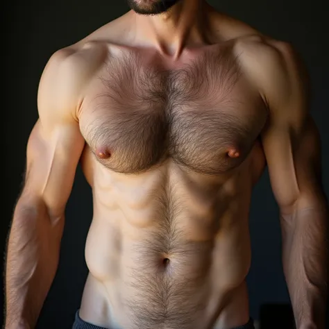 This is a photograph of a shirtless adult male, focusing on his hairy  torso. The man has a light to medium skin tone and a robust, muscular build. His chest, abdomen, and lower abdomen are very hairy giving a stark contrast to his lighter skin. His nipple...