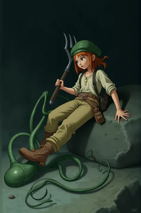 a girl, dressed in a simple pirate or adventurer style outfit: beige pants with frayed hems, a matching shirt, and a green cap. The scene appears to take place at night or in a dark environment, perhaps near a sea or a rock.

The character has an expressio...