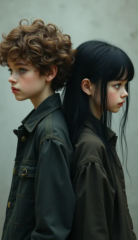 A book cover of a boy and a girl standing back to back, the boy has curly light brown hair that almost hides his eye, he has such magical green-brown eyes, he is very beautiful like a model, The girl, she has long hair with black bangs, and black cat eyes,...